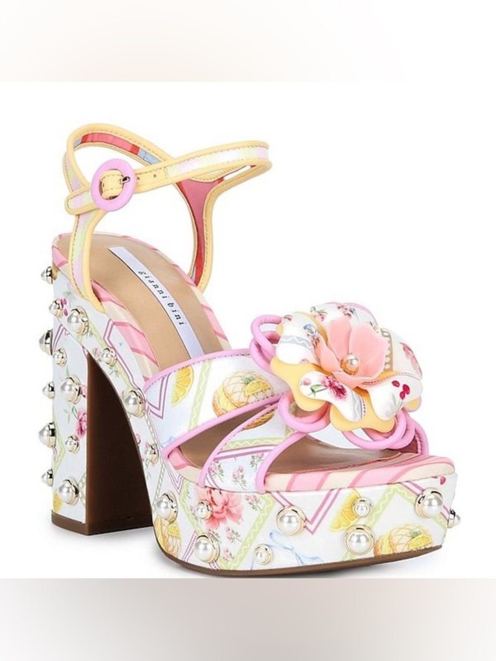 NWT Gianni Bini Brook Two Floral Pearl Platform Block Heel Dress Sandals Sz 6